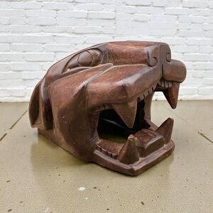 VTG Hand-Carved Wooden Jaguar Panther Mayan Mexican Folk Art Head Sculpture